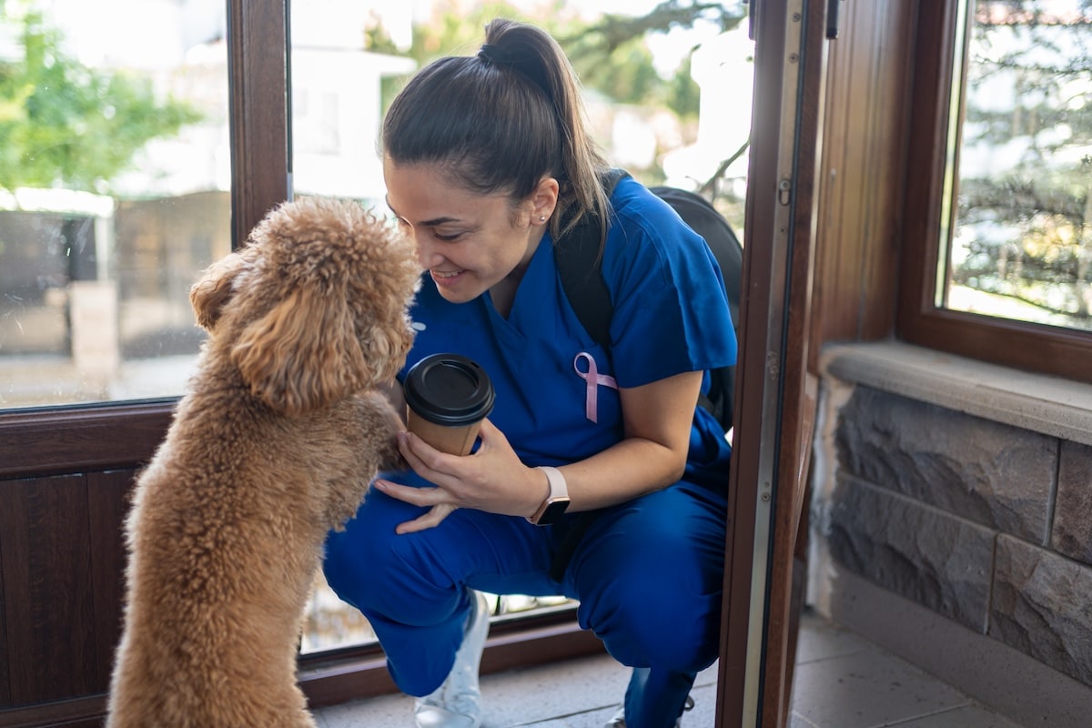 Medical professional coming home after work