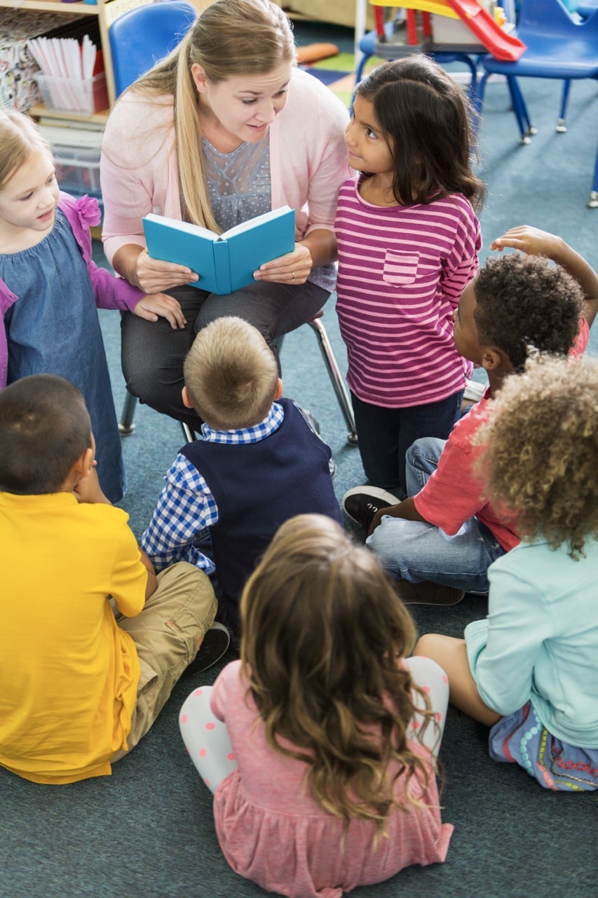 Teacher reading with students in a classroom