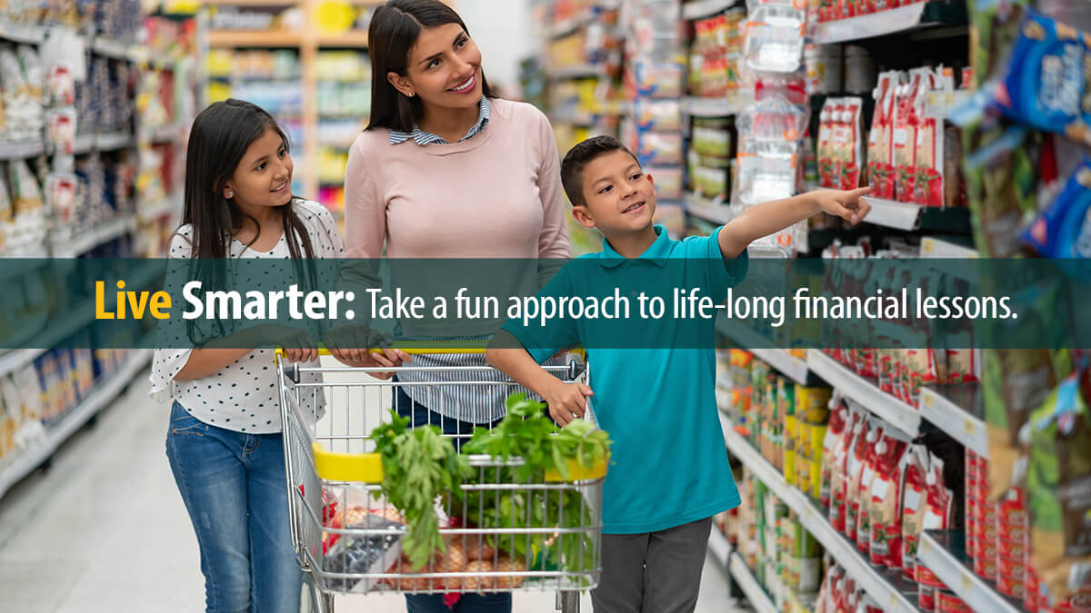 A parent with her two kids at the supermarket shopping for groceries