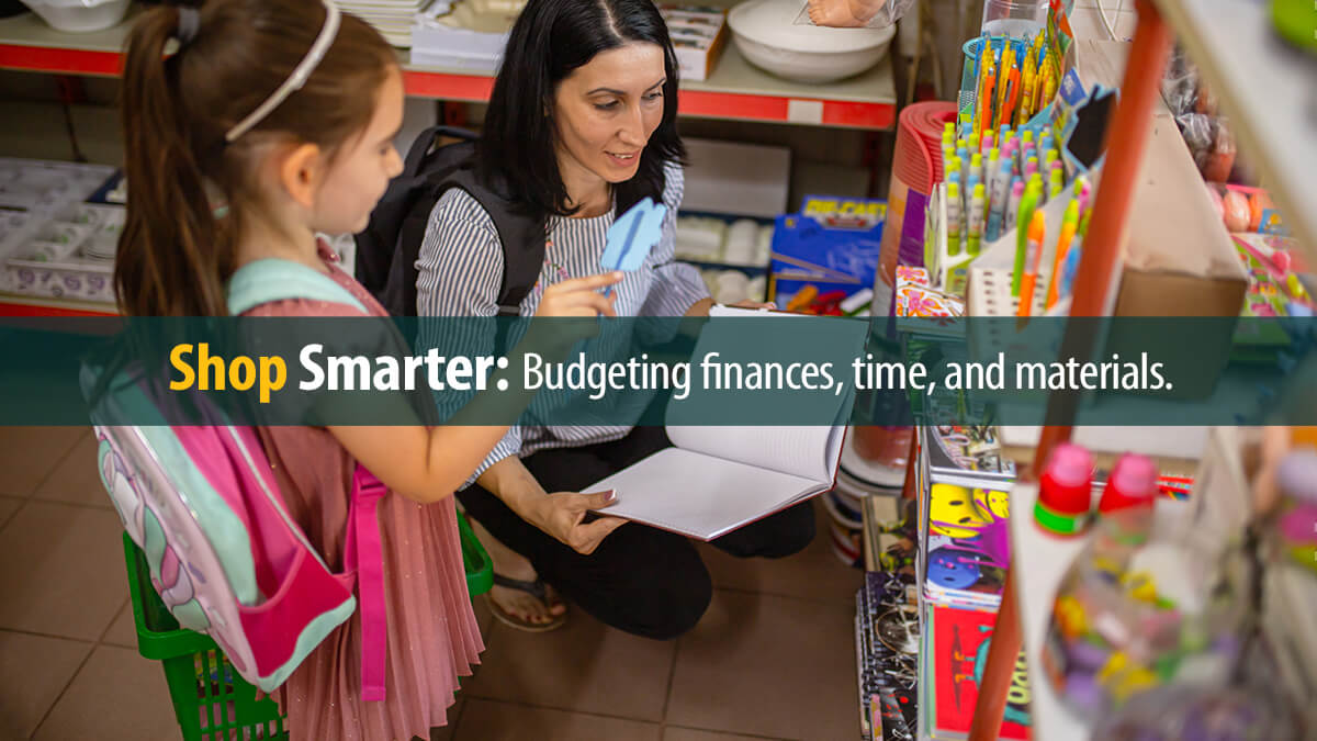 Caring mother helping her daughter to choose and buy all the essential school supplies