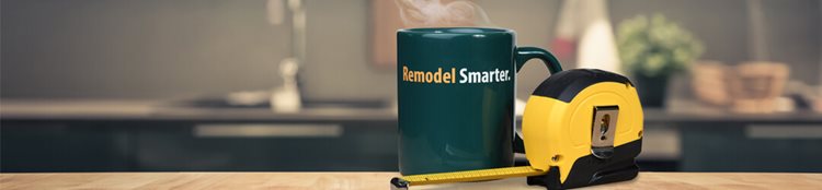 Kitchen remodeled with a home improvement loan, tape measure and mug with “Remodel Smarter” on it