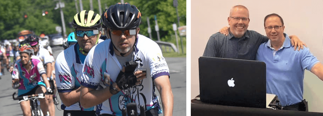 Ryan Misencik riding a bicycle and posing with Joe Griffo